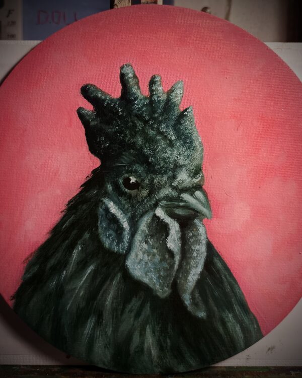 BLACK COCK - olej na plátně na desce, 300 mm, 2025, 1200 Kč