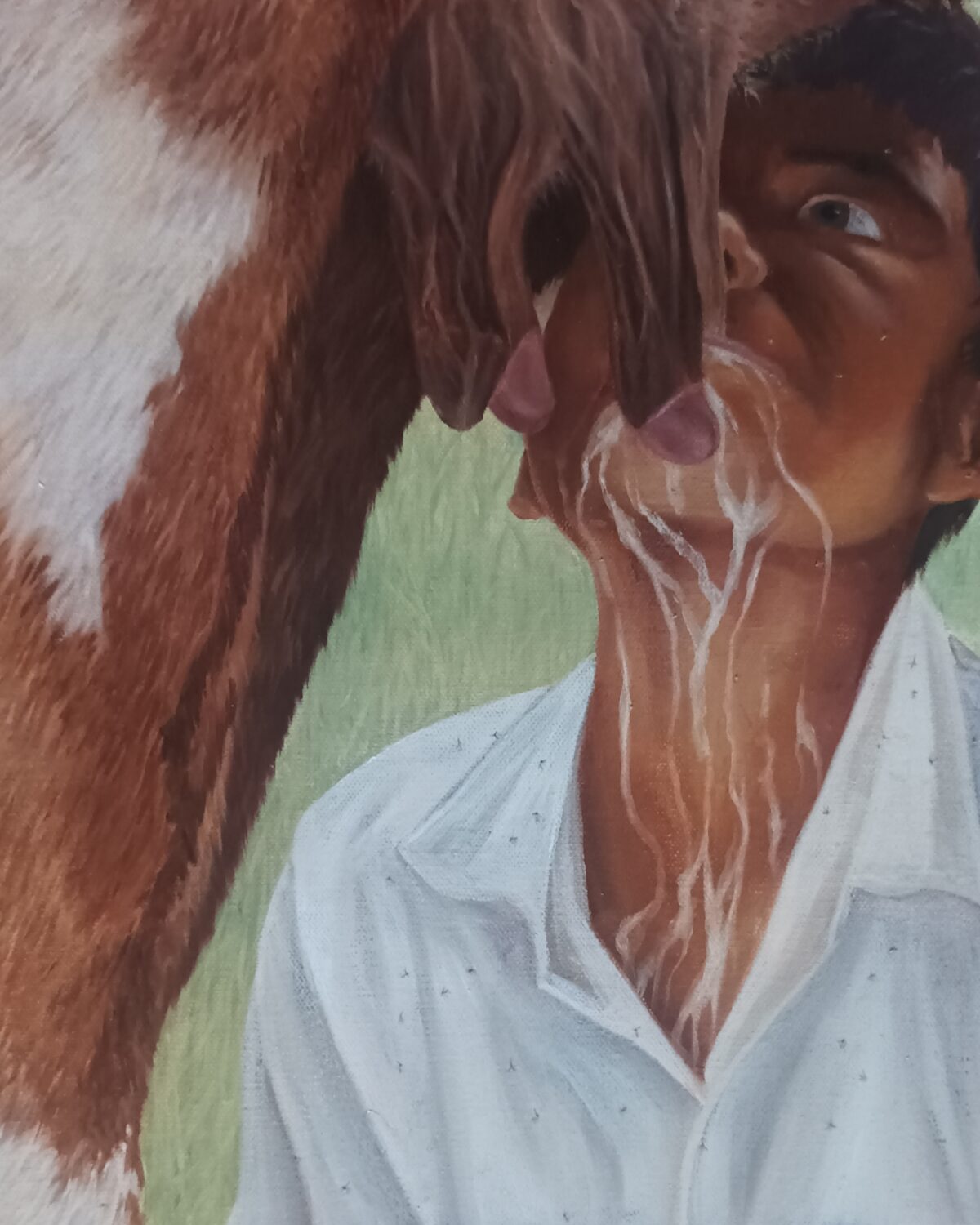 MATKA A SYN - olej na plátně na rámu a mušky, 400 x 400 x 20 mm, 2024, 4000 Kč