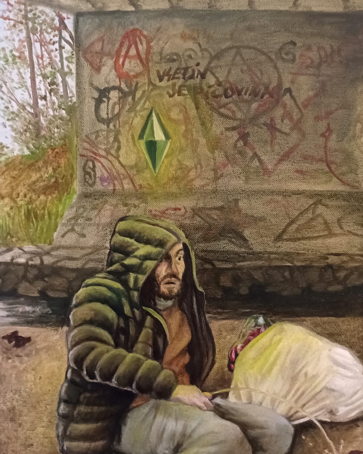 PO ŠKOLE - olej na plátně na rámu, 400 x 300 x 20 mm, 2025, 3000 Kč