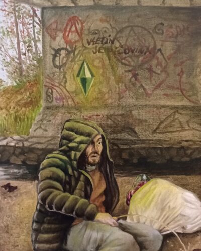 PO ŠKOLE - olej na plátně na rámu, 400 x 300 x 20 mm, 2025, 3000 Kč