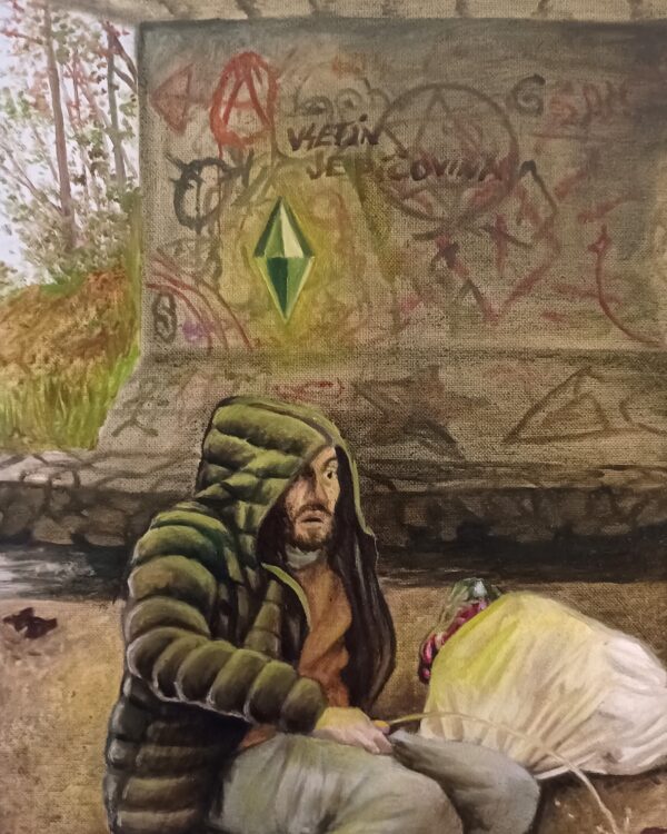 PO ŠKOLE - olej na plátně na rámu, 400 x 300 x 20 mm, 2025, 3000 Kč