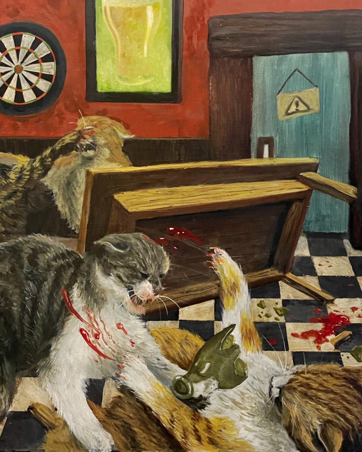 WHO STOLE MY CATNIP - olej na sololitové desce, 400 x 400 mm, 2026, 5000 Kč